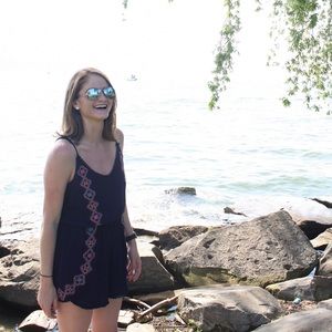 Navy blue romper multi-color design